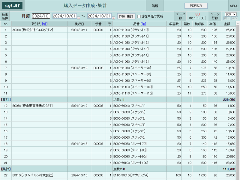 画像拡大 月次購入データ作成画面